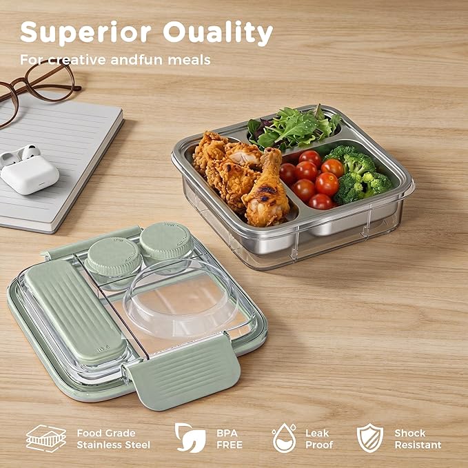 Stainless Steel Bento Lunch Box for Kids Adults with 8oz Insulated Food Jar, Leak-proof, Dishwasher-Safe, Transparent Lid with Sauce Cup and Cutlery Storage for School & Travel,BPA-Free(Green)
