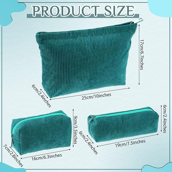 Huhumy 3 Pcs Makeup Bag Set for Women Corduroy Cosmetic Pouch Aesthetic Smile Travel Toiletry Bag Cute Purse Pouch Pencil Case Makeup Brushes Storage Organizer with Zipper(Dark Green,Solid Style)
