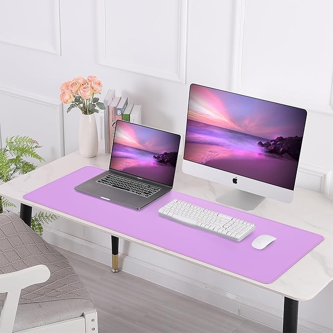 AFIING Leather Desk Pad Protector, Large Desk Mat with Natural Cork & PU Leather, Mouse Pad, Non-Slip, Waterproof Desk Writing Pad for Office and Home, Purple