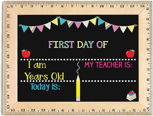 First Day of School Sign (11.5"x15"), Reusable Chalkboard, Easy to Clean with Real Wooden Ruler Frame, Perfect for Back to School, First Day of Kindergarten (Design 1- Pink)