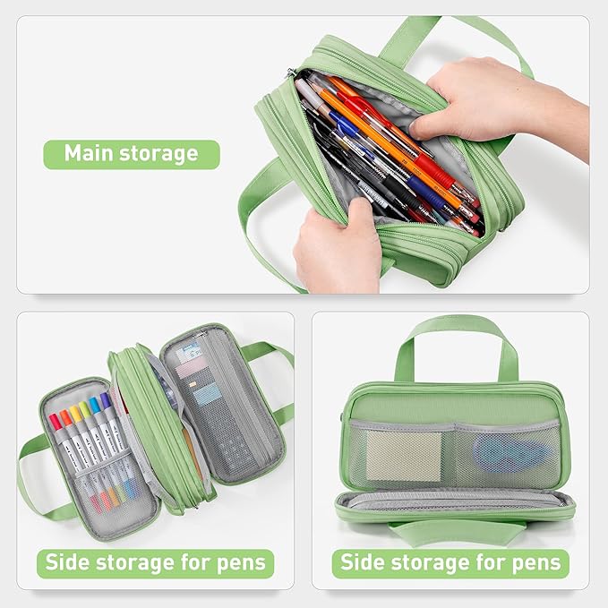 Zannaki Large Pencil Case, Big Capacity Pencil Pouch Pen Bag with 3 Compartment, Portable Canvas Stationery Organizer with Zipper, Cute Aesthetic School Supplies for Teen Girls Boys College,Green