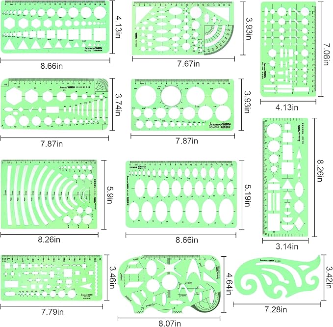 11PCS Geometric Drawings Templates, Drafting Stencils Measuring Tools, Transparent Green Plastic Ruler, for Architecture, Office, Studying, Designing