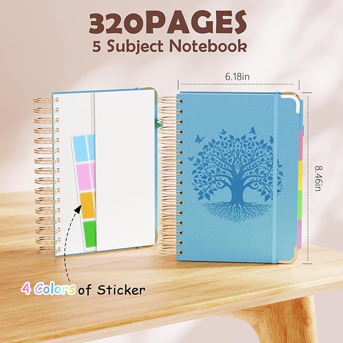 QIYVLOS Hardcover Spiral Notebook, A5 Journal with Removable Dividers Tabs, 5 Subject Notebook College Ruled, 320 Pages 6"x8" Leather Notebooks for Work School Study, Lined Journal for Women, Blue