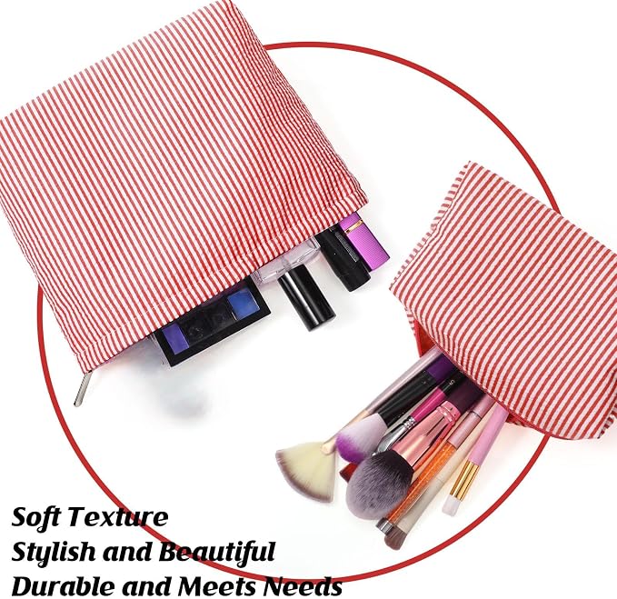 Huhumy 2 Pcs Makeup Bag Set for Women, Red, Thin Striped Seersucker | Cute Cosmetic Pouch Women Travel Toiletry Bag Preppy Small Makeup Purse Pouch Aesthetic Skincare Brushes Storage Organizer