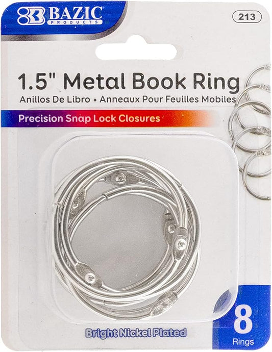 BAZIC Loose Leaf Binder Ring 1.5", Book Rings Binder Rings, Nickel Plated Steel Metal Ring for Flash Cards, Index Card, Keychain (8/Pack), 1-Pack