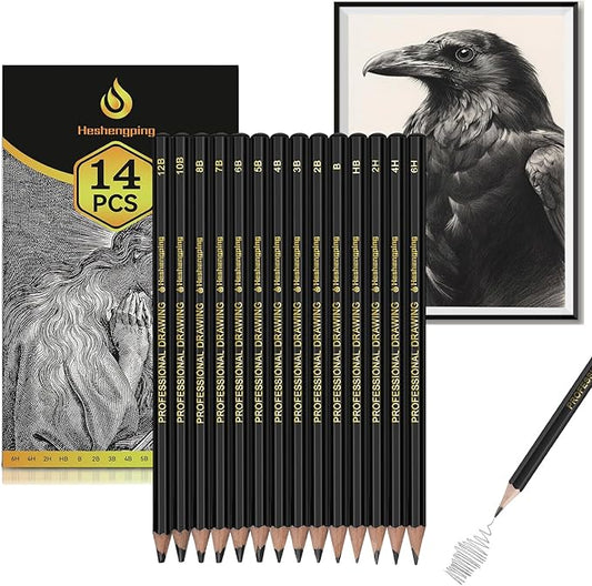 Heshengping Drawing Sketch Pencil Set 14pcs Sketching Pencils 12B 10B 8B 7B 6B 5B 4B 3B 2B B HB 2H 4H 6H Graphite Pencils for Kid Adults Artists Student Beginners Professional