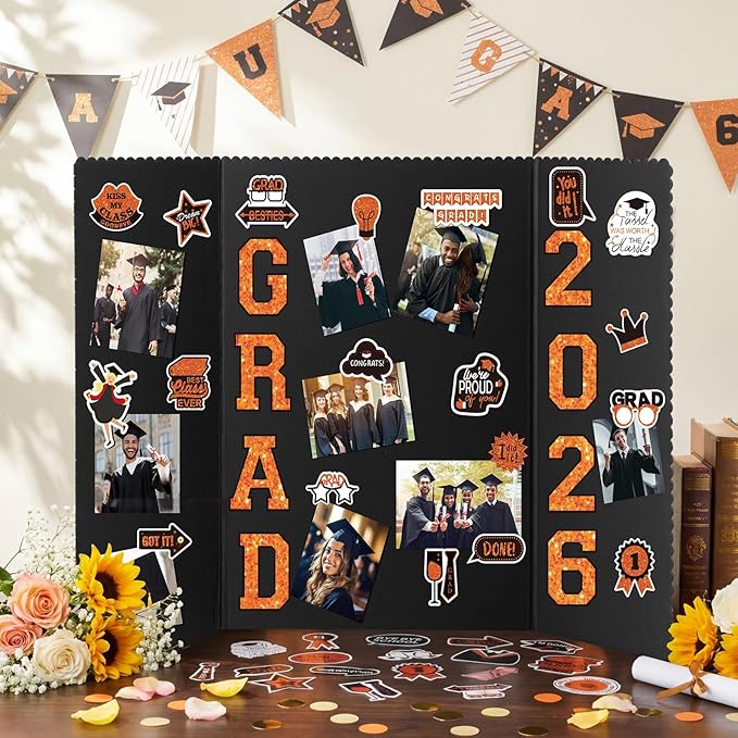 MiniInflat 4 Set 2026 Graduation Picture Trifold Poster Board Double-Sided Foldable Photo Display Board Graduation Decoration for Class of 2026 High School College DIY Craft(Orange,24 x 16 Inches)