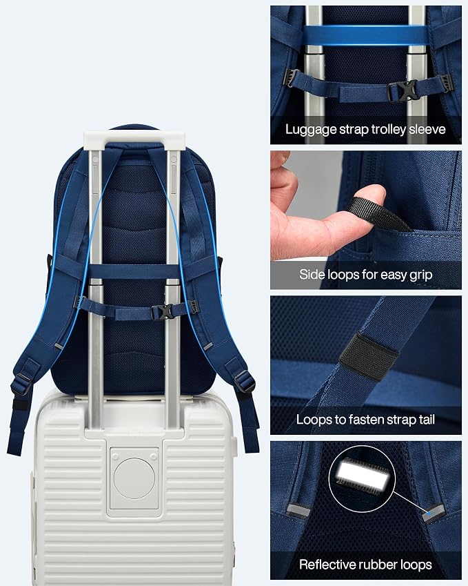 HanTrip 18 Inch Carry on Travel Backpack with Lots of Pockets, Navy Blue | 17 Inch Laptop Sleeve, Luggage Sleeve, Water Bottle Pocket, 30 Liter, Chest Strap, Water Resistant, 18x14x8 Medium Bookbag