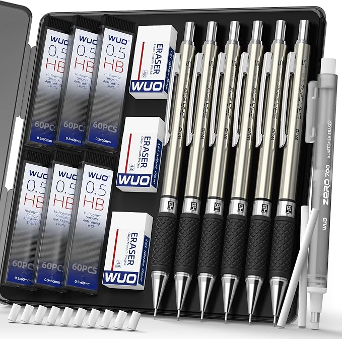 WUO 0.5 mm Mechanical Pencil Set with Eraser Pen Storage Case, 6 PCS | Metal Drafting Pencils, 360 HB Lead Refills, 3x4B Erasers, 12 Eraser Refills for School Artist Writing Drawing Sketching