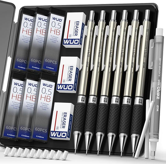 WUO 0.5 mm Mechanical Pencil Set with Eraser Pen Storage Case, 6 PCS | Metal Drafting Pencils, 360 HB Lead Refills, 3x4B Erasers, 12 Eraser Refills for School Artist Writing Drawing Sketching