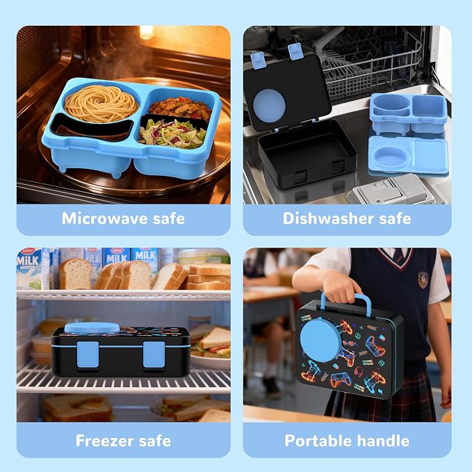 Kids Insulated Lunch Box with 8OZ Thermo Food Jar | Leakproof Bento Box with Ice Pack Sauce Cup Utensils Removable Tray & Dividers for School Daycare Travel, Game Controllers