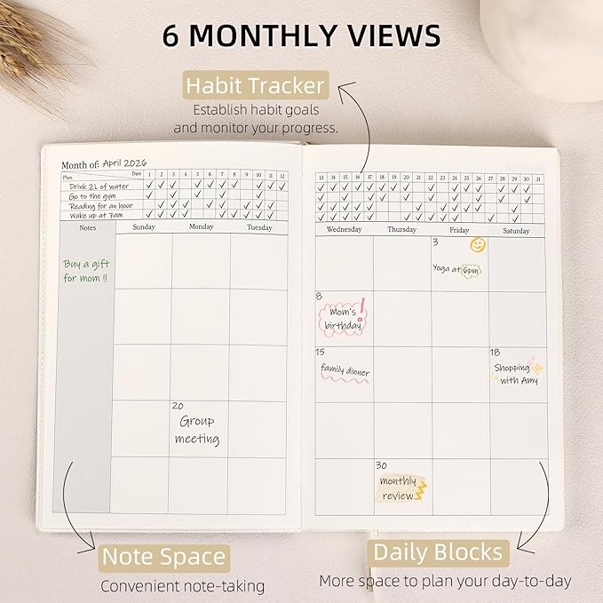 2026 Daily Planner - Undated Monthly & Daily Planner for 180 days Planning Your Success - Hourly Schedule, To Do List, and Notes for Productivity - Aesthetic, Academic, Stylish School or Office Supplies (White)