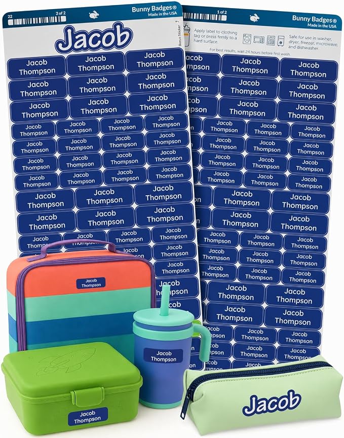 Bunny Badges Personalized Daycare Name Labels for Kids (120 Labels) Custom Label for Clothing Tag - Waterproof Name Stickers for Clothing Tags, Bottles, Backpacks and School Supplies (Deep Sea Blue)