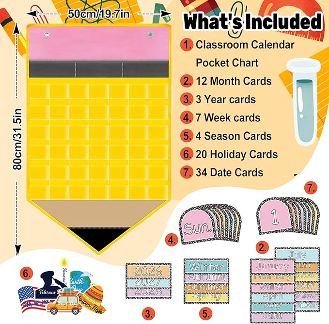 AnyDesign Pencil Calendar Pocket Chart with 80 Reusable Back to School Cards Learning Circle Time Calendar Classroom Daily Schedule Pocket Chart for Homeschool Preschool Office Teacher Supplies