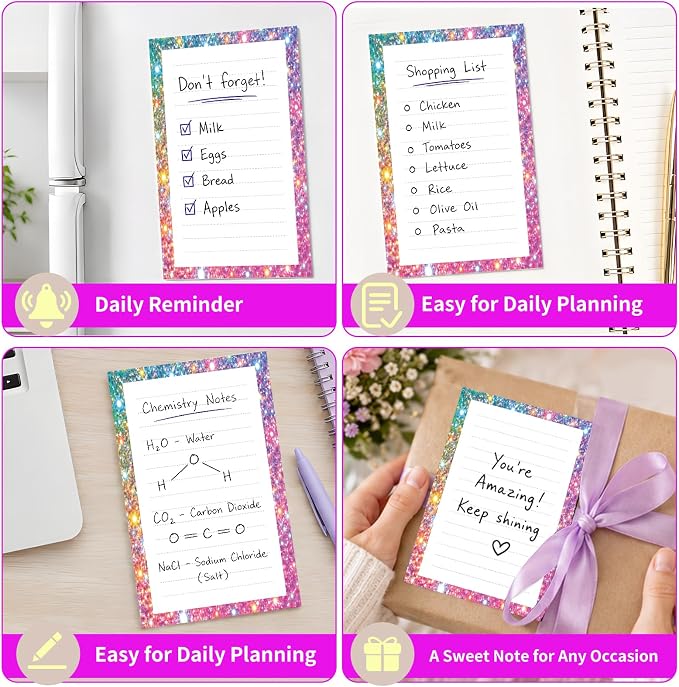 Lined Sticky Notes 4x6 in, 2 Pack Large Cute Notepads with Lines Self-Stick Note Pad, Funny Memo Pads Strong Adhesive for Office, Home Glitter Colorful Dots