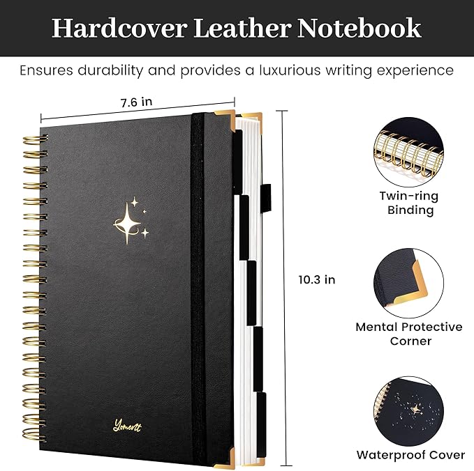 FLYING EAGLE Leather Spiral Notebooks for Work 5 Subject Notebook College Ruled with Dividers Pen, 360 Pages B5 Hardcover Lined Journals for Women Men Writing,Black