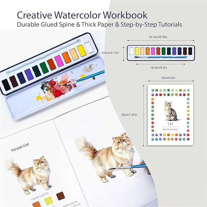 CraftyManor 2Pcs Watercolor Workbook Creative Water Color Paint Book Set with Paints & Brush, 12 Patterns of Original DIY Designs, Beginner-Friendly Adult Coloring Books(Cat & Tree)