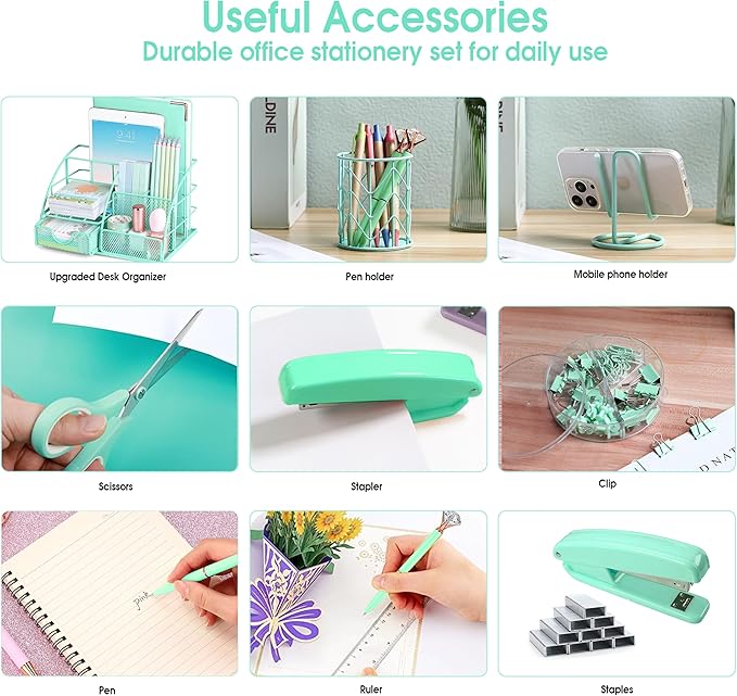 KAAKOW Green Desk Organizers and Accessories Office Supplies Set Stapler, Pen Holder, Phone Holder, Scissors, Pen, Ruler, 30 Paper Clips, 22 Binder Clip, 20 Tacks and 1000pcs Staples