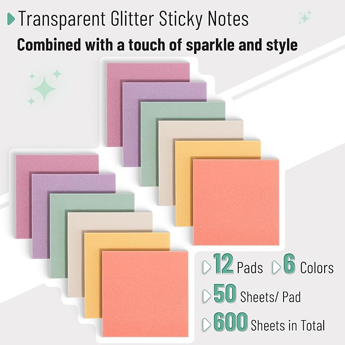Mr. Pen- Transparent Glitter Sticky Notes, 3”x3”, 12 Pads, 600 Sheets, Colorful, Plastic Glitter Sticky Notes Bulk, Self-Stick Note Pads for Women, Office, School, Home, Study & Organization