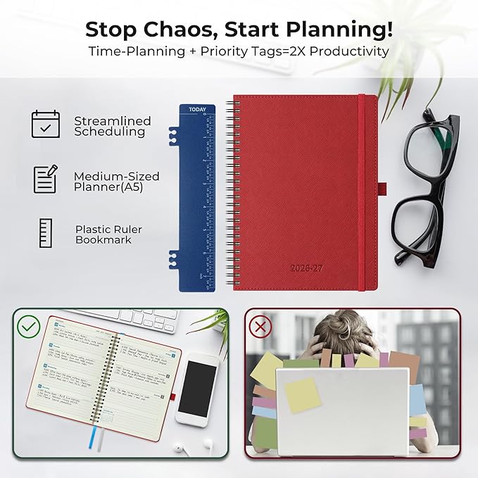 Planner 2026-2027 Daily Weekly and Monthly,8.5"x6.5",18 Months Spiral Bound Calendar Agenda with Self-adhesive Pen Holder,2026 Academic Plan with Vegan Leather Soft Cover,Red