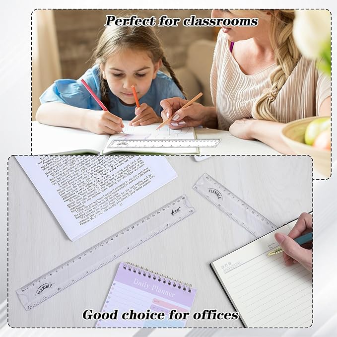 Grevosea 2 PCS Flexible Ruler, 12 Inch Clear Plastic Ruler Soft Bendable Rulers with Centimeters and Inches for Kids and Adults School Classroom Office Supplies