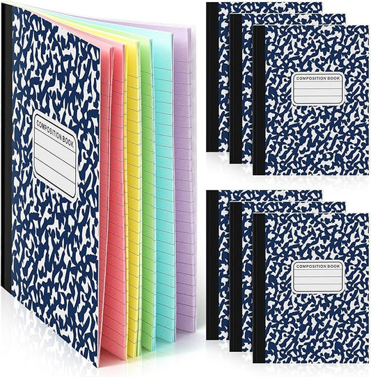 Henoyso 6 Pcs 120 Pages Colored Paper Notebooks 9.75 x 7.5 Bright Colors Lined Paper Notebook Wide Ruled Marble Notebooks Journals Bulk for Office School Supplies(Deep Blue Cover)
