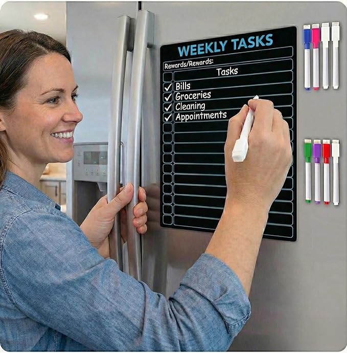 3 Pcs Blackboard Chore Chart Set - Pocket Charts Dry Erase Chore Chart for Multiple Users, Teens & Adults. Fridge Magnetic Blackboard Set, 3 Individual Charts (10"x10" Each) & 8 Fine Tip Markers