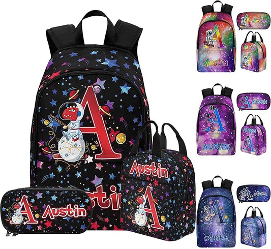 M YESCUSTOM Custom Backpack for Boys Kids Lunch Bag with Name, Space Star Ocean Personalized Elementary School 17Inch Daypack Toddler Preschool Backpacks Pencil Pouch
