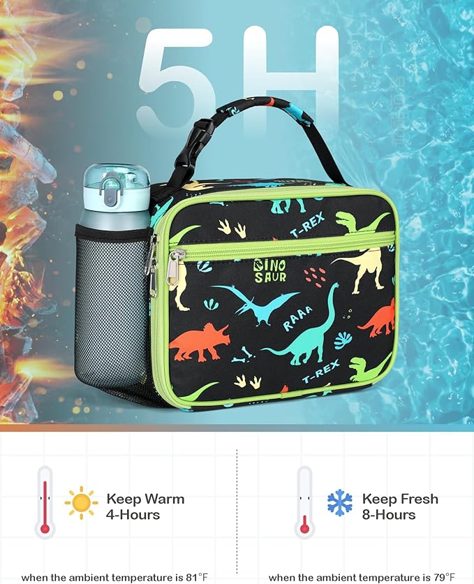Bagseri 2 Packs Kids Lunch Bag for Boys Girls - Insulated Kids Lunch Box for Daycare and School Reusable Meal Tote Bag with Water Bottle Holder, Black Dino & Pink Unicorn