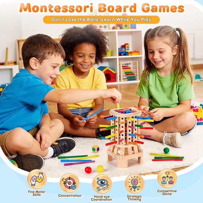 Montessori Wooden Board Game, Colorful Sticks & Ball Drop Games for Kids, Fine Motor Skills & Math Learning Toy for 3 4 5 6 Year Old, 2-6 Player Family Travel Game, Birthday Gift for Boys Girls Age 3+