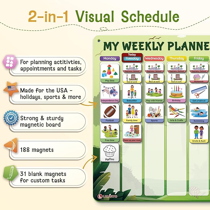 LIKARTO Visual Schedule for Kids - 2-in-1 Weekly + Daily Schedule - Magnetic Schedule with 188 Magnets and Magnetic Backing - Chore Chart Kids - Routine Chart for Toddlers, Autism, ADHD - Green