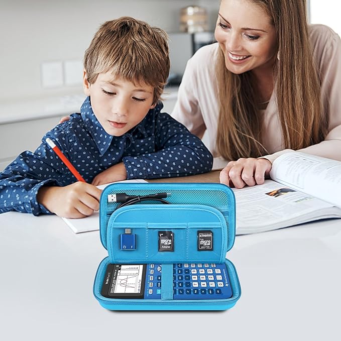 Elonbo Carrying Case for Texas Instruments TI-84 Evo/TI-84 Plus CE Evo Graphing Calculator, Extra Mesh Pocket Fits Charging Cable Charger Manual, Blue