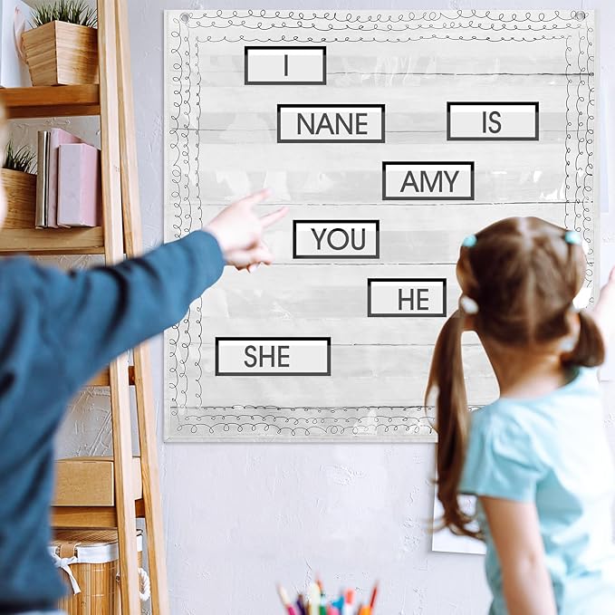 MotiMind Retro Standard Pocket Chart for Classroom, 7 Pockets Chart for Teacher Lessons Home Classroom School Aids Fits Standard 3'' Sentence Strips and Word Cards 28''x28'