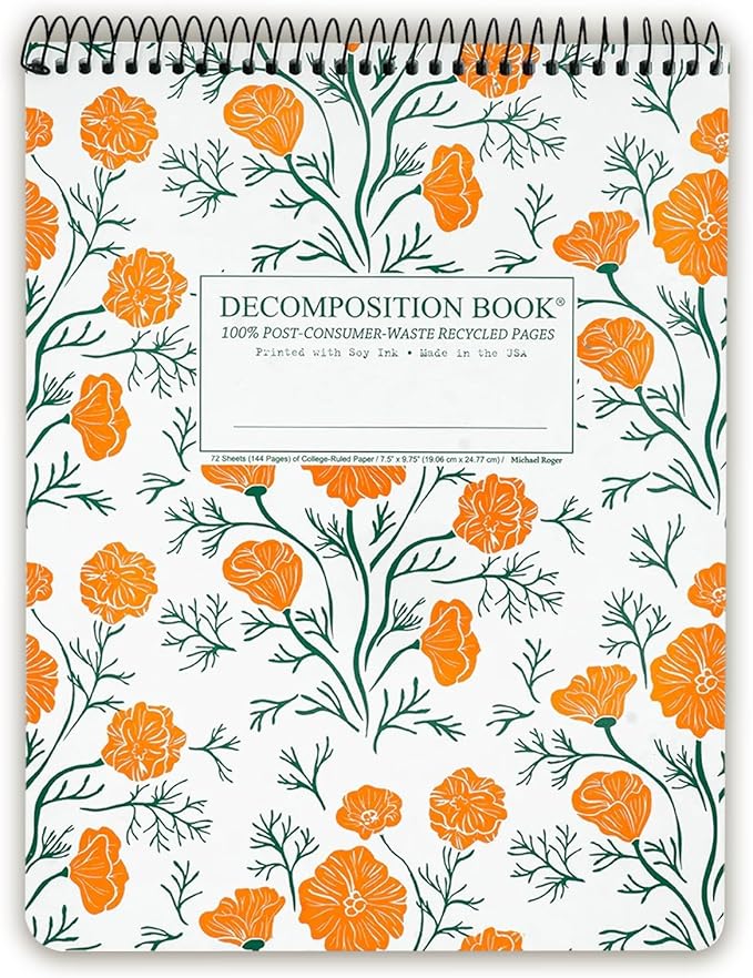 Decomposition Cali Poppies Top Bound Spiral Notebook – 7.5 x 9.75 Journal, College Ruled Lined Pages – Left-Handed Friendly Notebooks Ideal for Students, Artists & Office Professionals – Made in USA