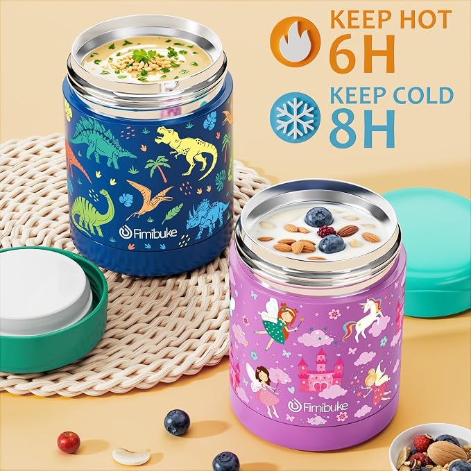 Fimibuke Bento Lunch Box for Kids Toddler Boys with 12OZ Insulated Food Jar | 3-Compartment 32OZ Snack Lunch Container Bento Box, Lunch Bag & Ice Pack Set for Age 3-12 School Daycare Camp, Dinosaur