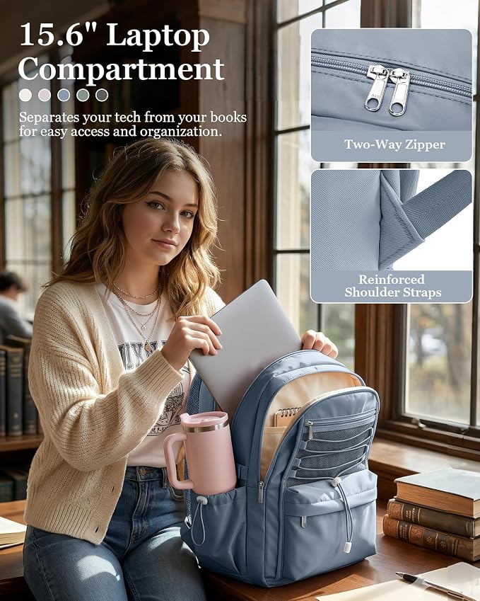 suwasp College Backpack for Women, Waterproof Laptop Backpack Fits 15.6 Inch Laptop, School Bookbag with Water Bottle Pocket, Anti Theft Work Backpack for College, Travel, Commuter,