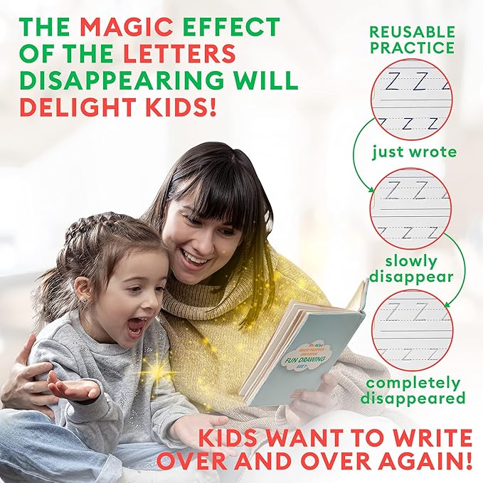 Magic Practice Copybook for Kids Ages 3-8, 4 Pack Grooved Reusable Handwriting Workbooks, Tactile Letter and Number Tracing Set with 2 Disappearing ... Preschool Graduation or Toddler Learning Gift