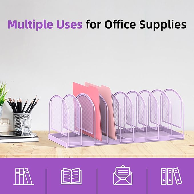 SUPEASY File Organizer 9-Section Mesh Desk Organizer, Upright File Organizer Desktop Organizer File Sorter, File Folder Holder for Office Supplies, Purple (Pack of 2)