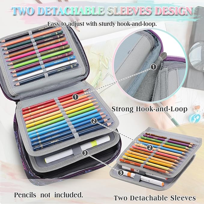 Large Pen Pencil Case,VONXURY High Capacity Art Colored Pencil Pouch Portable Stationery Organizer With 2 Detachable Layers 54 Slots Multiple Zipper Pockets for School Office College