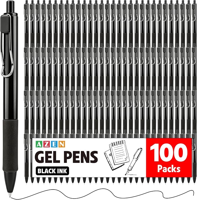 AZEN 100 Pack Gel Pens, Black Ink Pen Bulk, Retractable Medium Point 0.7mm, Smooth Writing and Comfortable Grip for Journaling Note Taking Office School Home Work