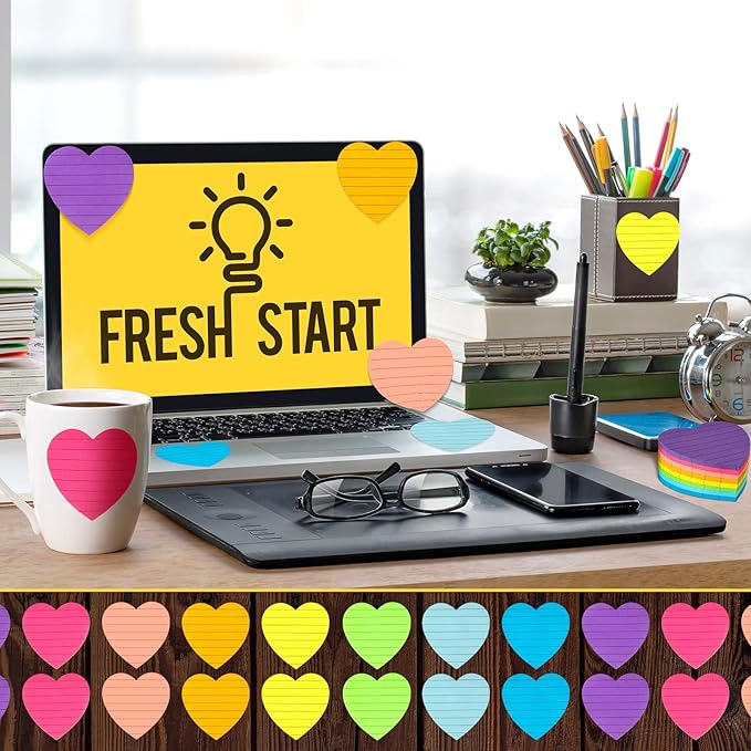 Teling 24 Pack Heart Shape Sticky Notes Heart Lined Sticky Notes Self Adhesive Memo Pads for School Party Exchange Gifts Office Home School 3x3 Inch(Bright Color, Classic)