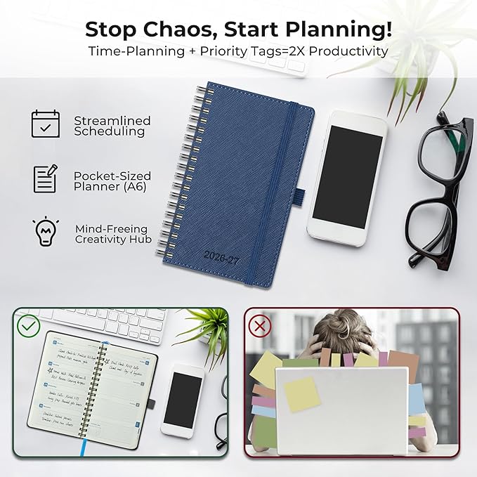 Planner 2026-2027 Daily Weekly and Monthly,6.5"x3.75",18 Months Spiral Bound Calendar Agenda with Self-adhesive Pen Holder,2026 Academic Plan with Vegan Leather Soft Cover,Blue