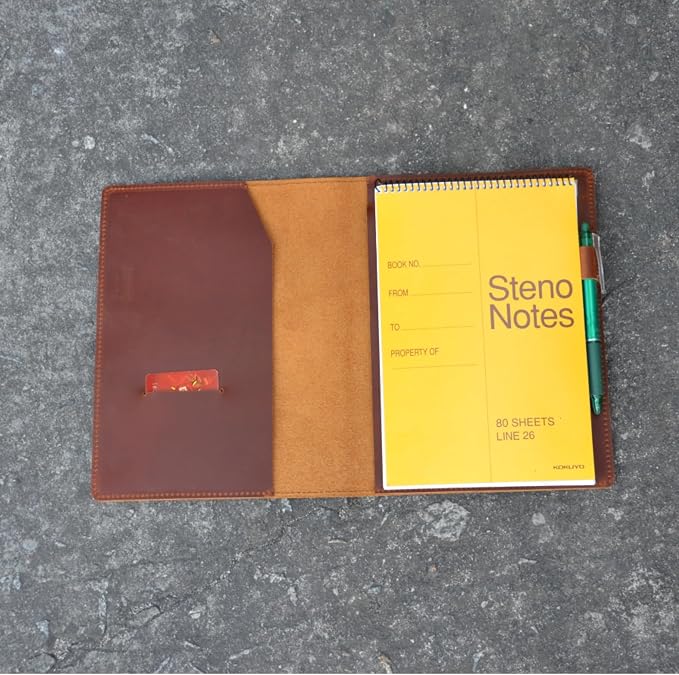 Leather Cover Compatible With 6" x 9" Spiral Steno Pads, Steno Notes 6" x 8.8" Spiral Notebooks Distressed Genuine A5 Leather Cover with Pen Loop Brown