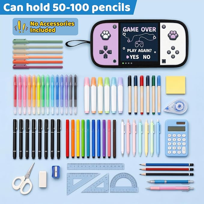 Game Controller Pencil Case for Boys Kids Teens, Large Capacity Pencil Pouch with 3 Compartments, 7 Pockets and Label Pocket for School College Office Travel (Purple & White)