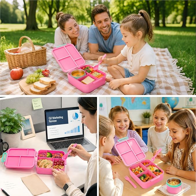 Kids Bento Lunch Box with 12oz Insulated Food Jar, 4-Compartment Lunch Box | Leak-Proof Bento Box for Hot & Cold Food, Easy-Open School Lunch Container for Toddlers Boys & Girls