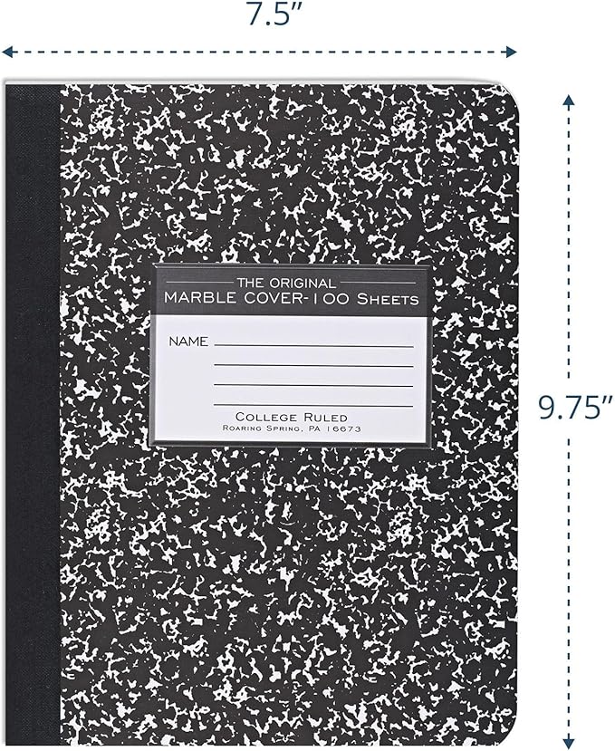 ROARING SPRING Hard Cover Composition Notebook, Black Marble Comp Book, 9.75″ x 7.5″, College-Ruled with Margin, 100 Sheets (200 Pages), Made in USA