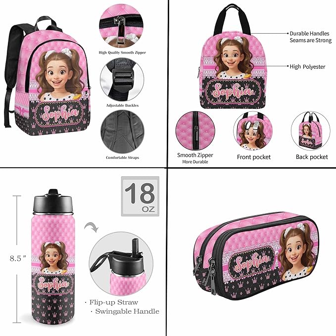 M YESCUSTOM Custom Backpack for Girls Personalized School Bookbag with Lunch Bag Kids Girl Backpacks with Face Elementary Preschool Cute Book Bag Daypack Travel Bag Water Bottle