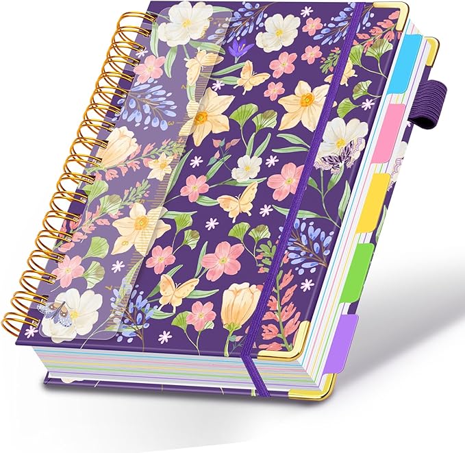 Spiral Journal Notebooks for Work, 300 Pages 5 Subject Notebook College Ruled with Dividers & Tabs, A5 Notebook Journal for Women Students Note-Taking and Organizer (Purple Floral)