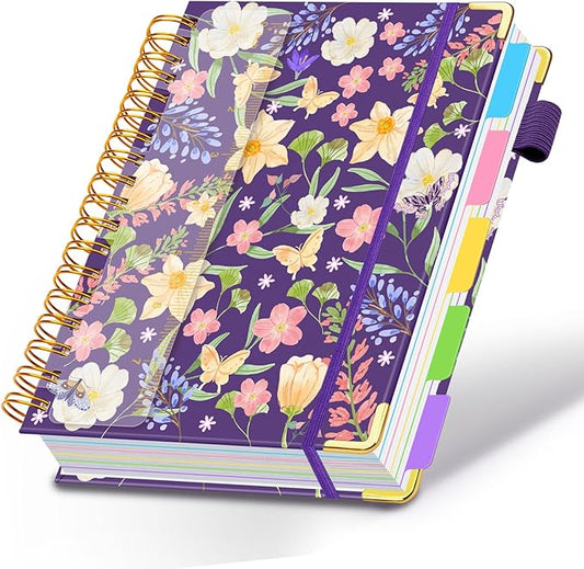 Spiral Journal Notebooks for Work, 300 Pages 5 Subject Notebook College Ruled with Dividers & Tabs, A5 Notebook Journal for Women Students Note-Taking and Organizer (Purple Floral)