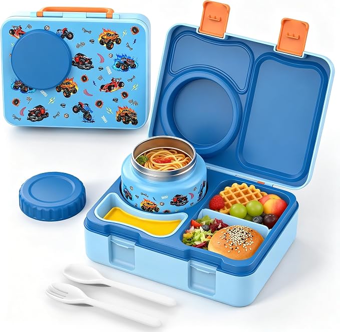Kids Insulated Lunch Box with 8OZ Thermo Food Jar | Leakproof Bento Box with Ice Pack Sauce Cup Utensils Removable Tray & Dividers for School Daycare Travel, Trucks